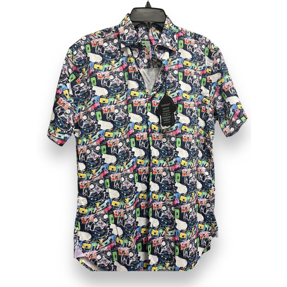 LUCHIANO VISCONTI BLACK Colorful Cassette Short Sleeve Shirt | Mens S Multi NWT